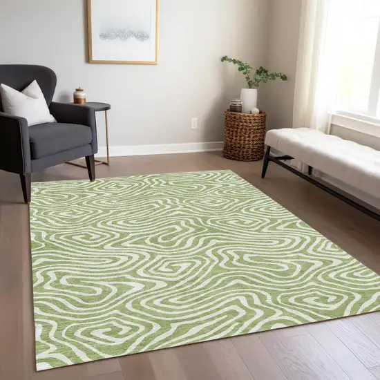 Artichoke Green And Ivory Abstract Washable Indoor Outdoor Area Rug Photo 7