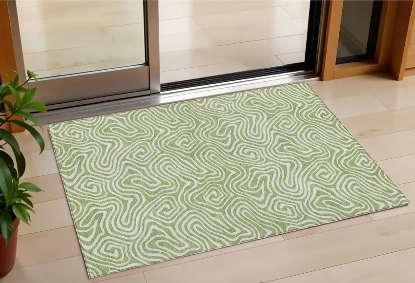 Artichoke Green And Ivory Abstract Washable Indoor Outdoor Area Rug Photo 1