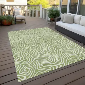 Photo of Artichoke Green And Ivory Abstract Washable Indoor Outdoor Area Rug