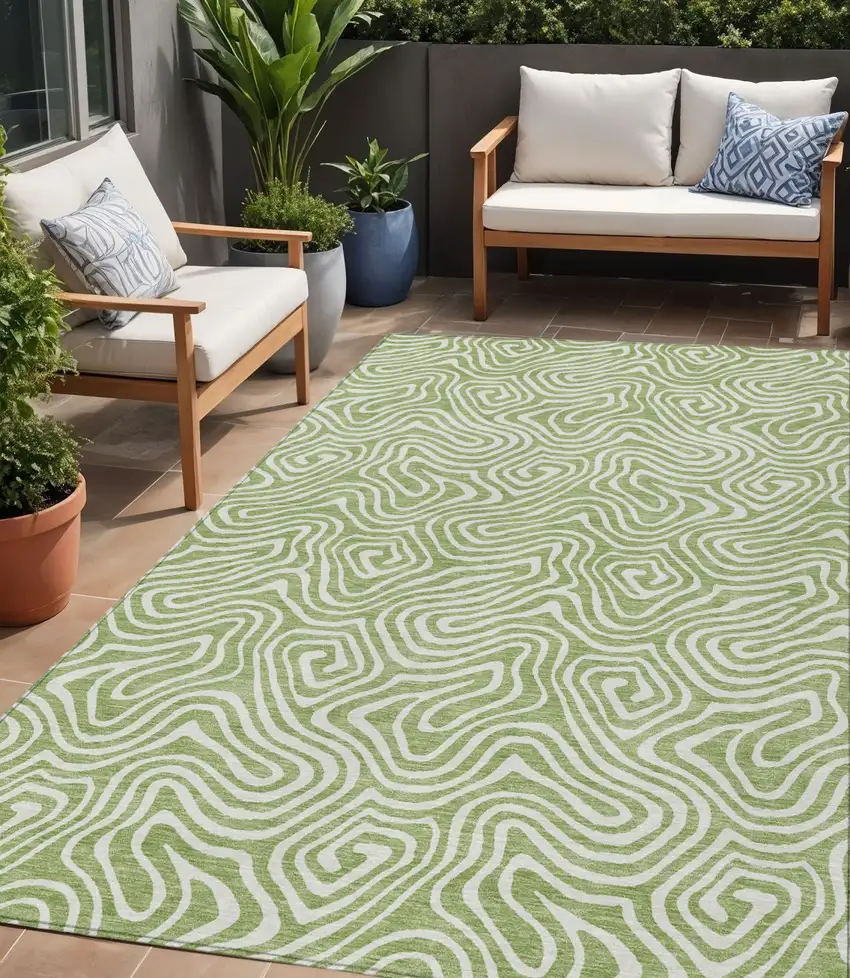 Artichoke Green And Ivory Abstract Washable Indoor Outdoor Area Rug Photo 1