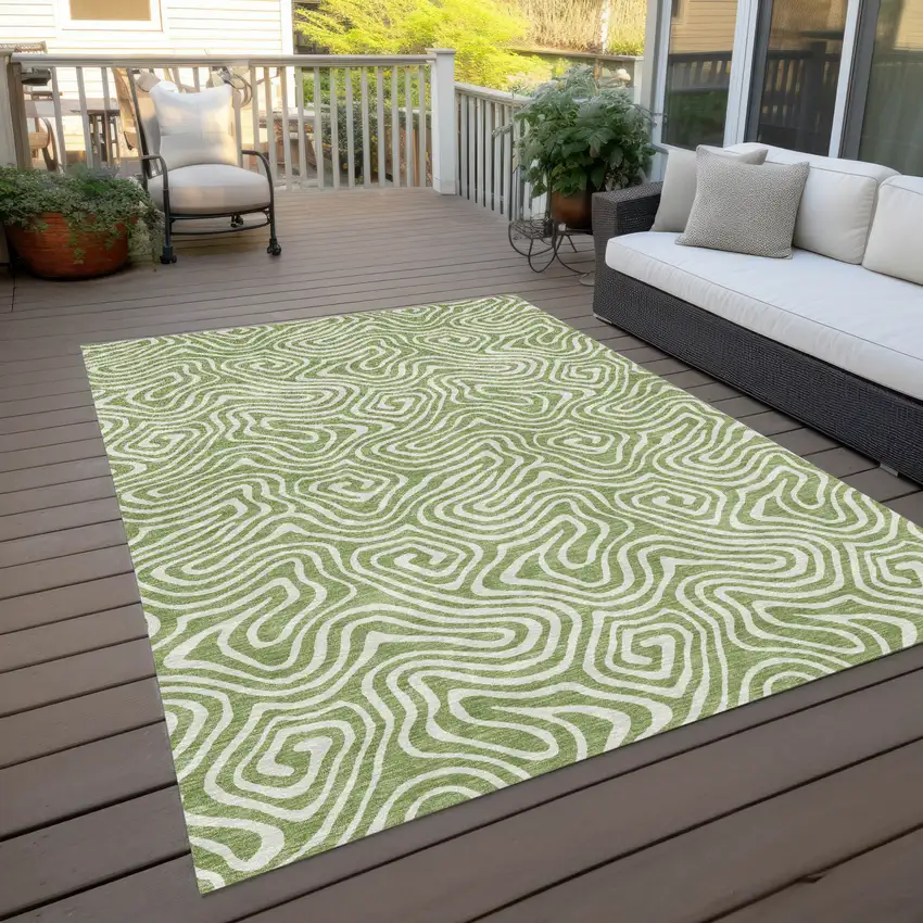 Artichoke Green And Ivory Abstract Washable Indoor Outdoor Area Rug Photo 9