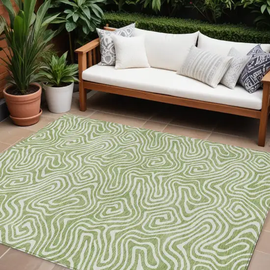 Artichoke Green And Ivory Abstract Washable Indoor Outdoor Area Rug Photo 1