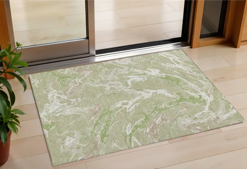 Artichoke Green And Ivory Abstract Washable Indoor Outdoor Area Rug Photo 1