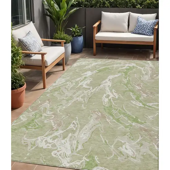 Artichoke Green And Ivory Abstract Washable Indoor Outdoor Area Rug Photo 1