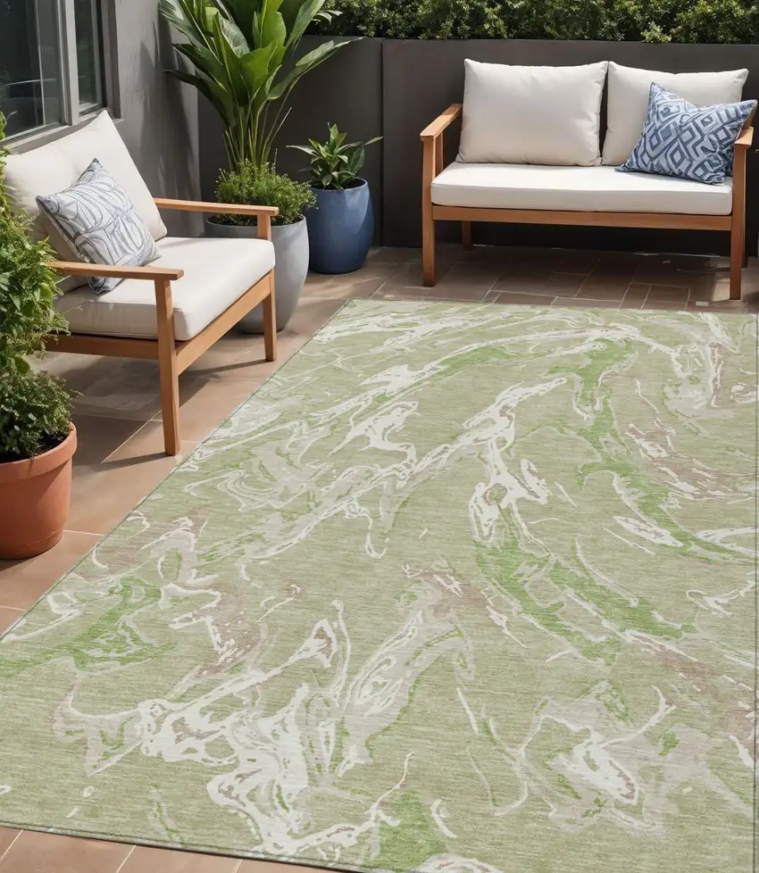 Artichoke Green And Ivory Abstract Washable Indoor Outdoor Area Rug Photo 1