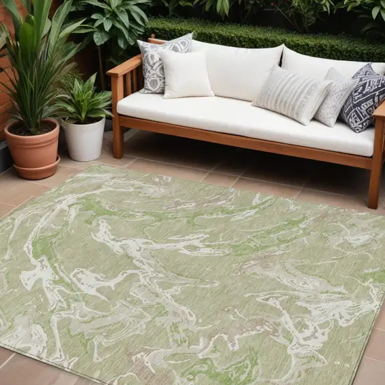 Artichoke Green And Ivory Abstract Washable Indoor Outdoor Area Rug Photo 1