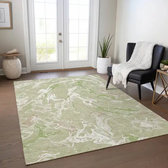 Artichoke Green And Ivory Abstract Washable Indoor Outdoor Area Rug Photo 9