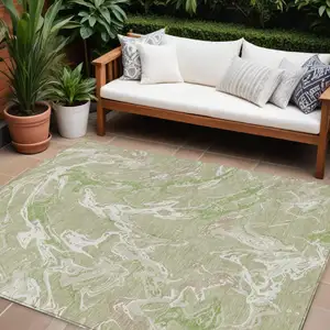 Photo of Artichoke Green And Ivory Abstract Washable Indoor Outdoor Area Rug