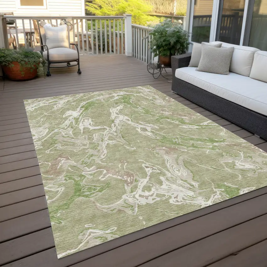 Artichoke Green And Ivory Abstract Washable Indoor Outdoor Area Rug Photo 9