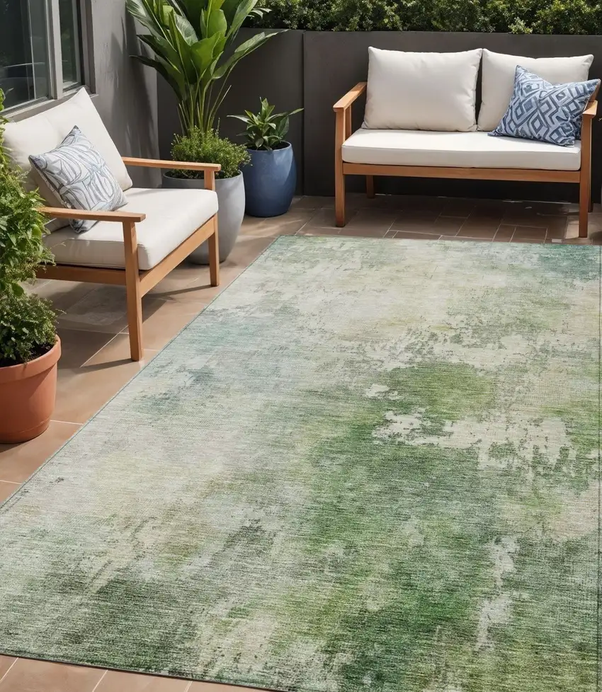 Artichoke Green And Ivory Abstract Washable Indoor Outdoor Area Rug Photo 1