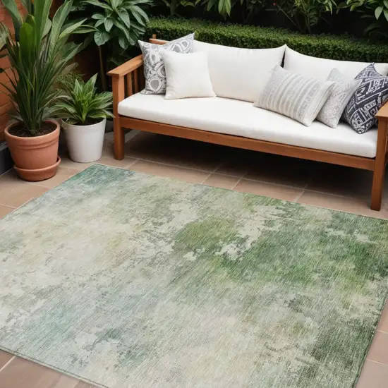 Artichoke Green And Ivory Abstract Washable Indoor Outdoor Area Rug Photo 1