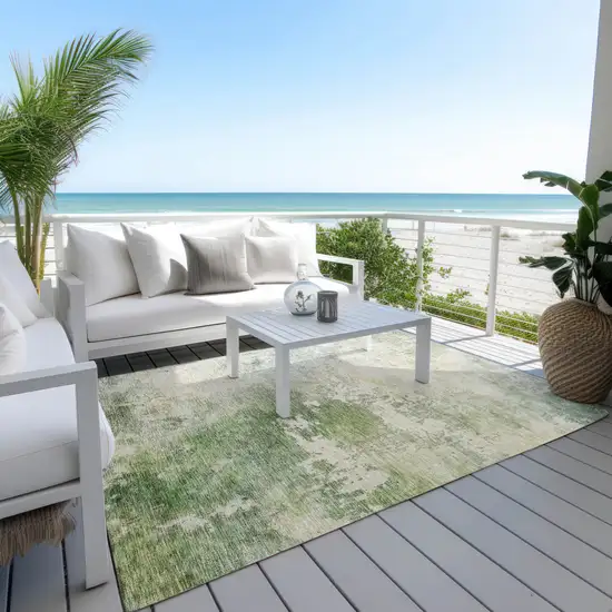 Artichoke Green And Ivory Abstract Washable Indoor Outdoor Area Rug Photo 8