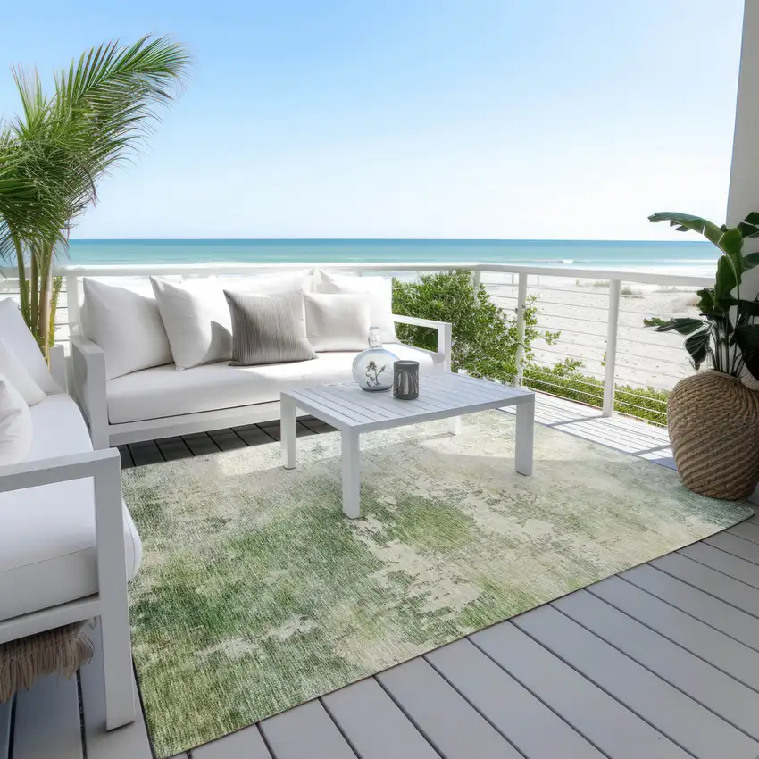 Artichoke Green And Ivory Abstract Washable Indoor Outdoor Area Rug Photo 8