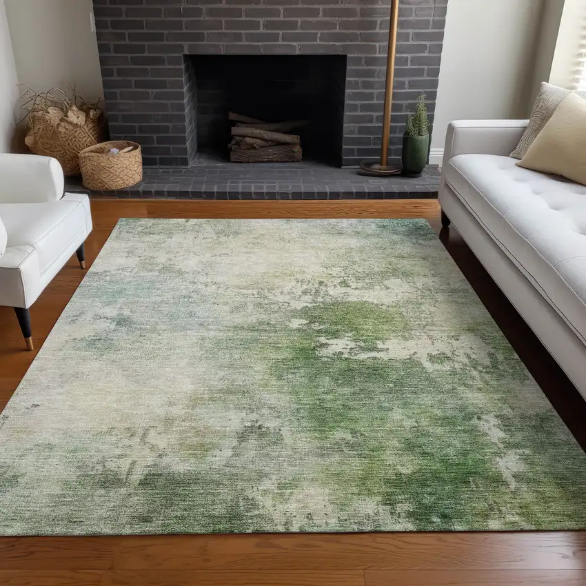 Artichoke Green And Ivory Abstract Washable Indoor Outdoor Area Rug Photo 9