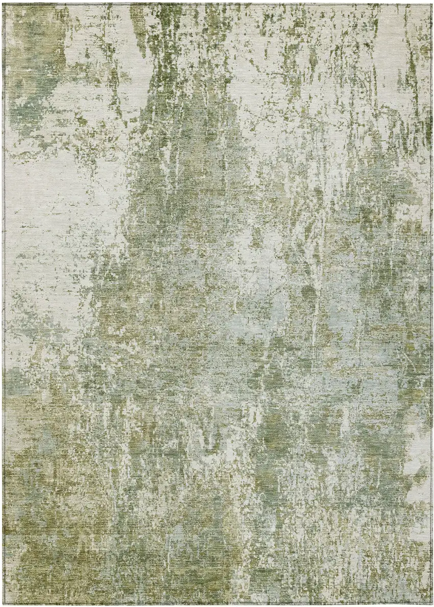 Artichoke Green And Ivory Abstract Washable Indoor Outdoor Area Rug Photo 1