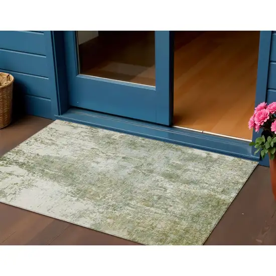 Artichoke Green And Ivory Abstract Washable Indoor Outdoor Area Rug Photo 2