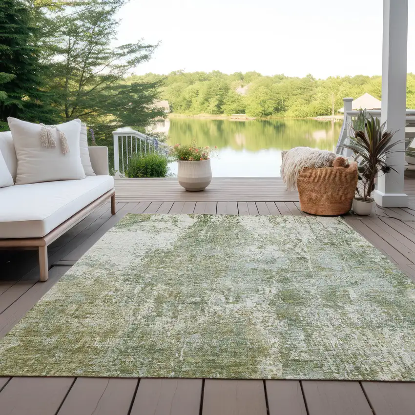 Artichoke Green And Ivory Abstract Washable Indoor Outdoor Area Rug Photo 5
