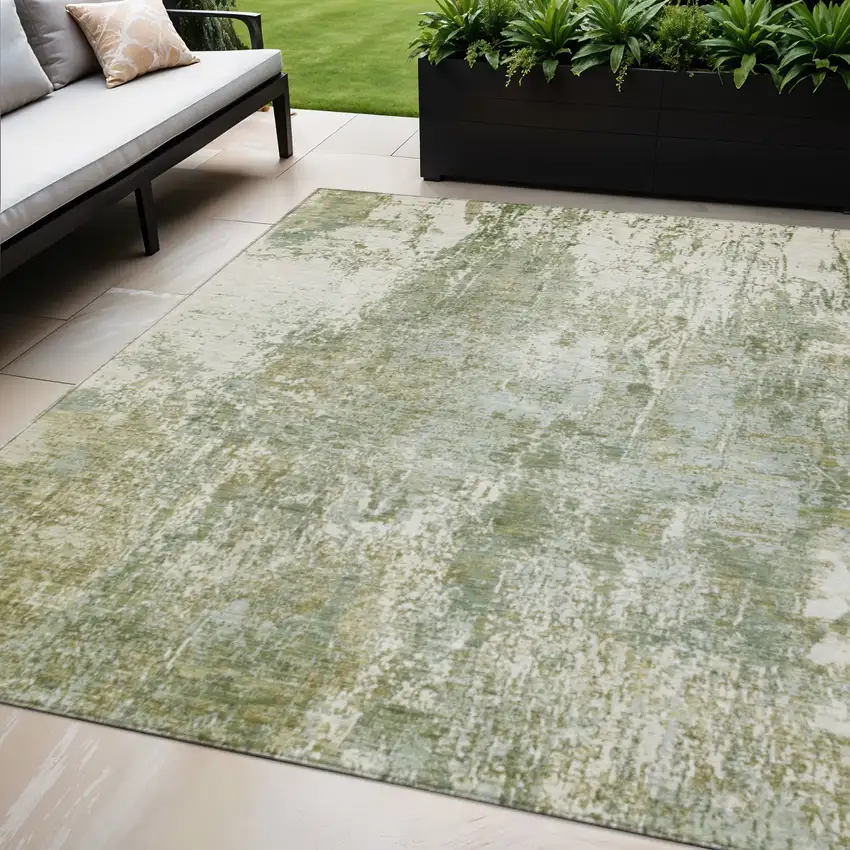 Artichoke Green And Ivory Abstract Washable Indoor Outdoor Area Rug Photo 2