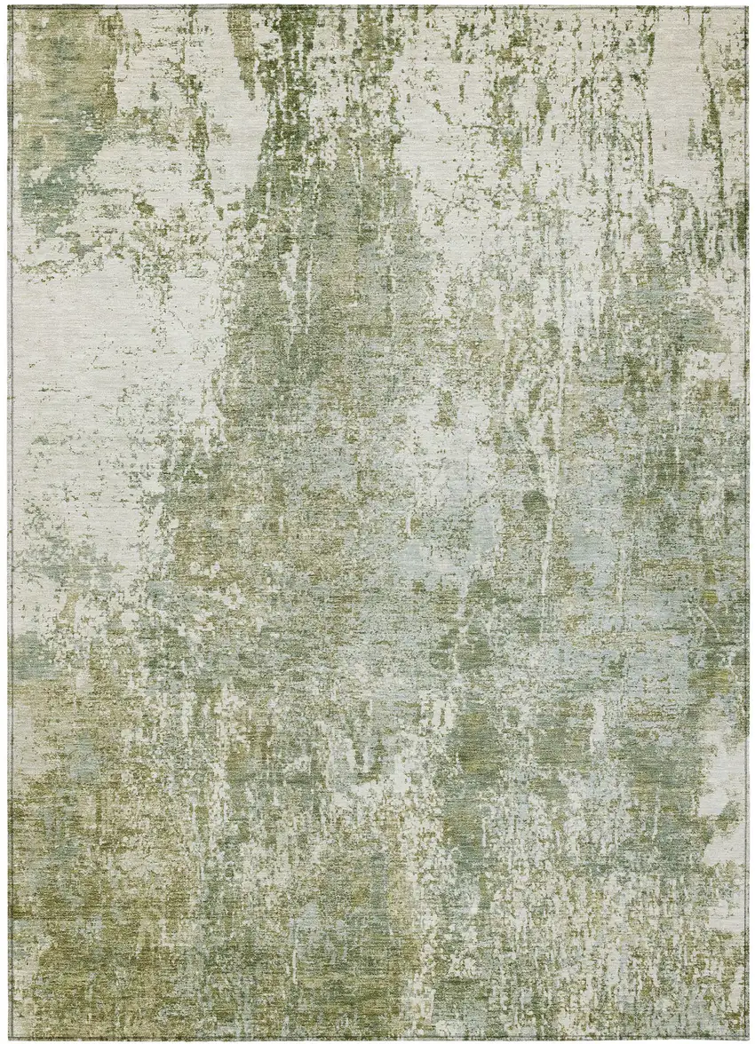 Artichoke Green And Ivory Abstract Washable Indoor Outdoor Area Rug Photo 3