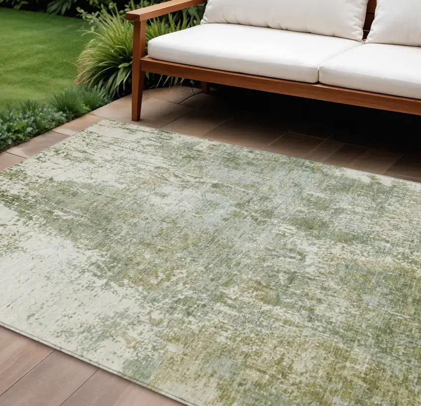 Artichoke Green And Ivory Abstract Washable Indoor Outdoor Area Rug Photo 2