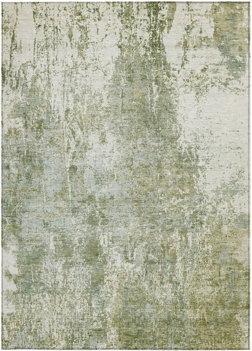 Artichoke Green And Ivory Abstract Washable Indoor Outdoor Area Rug Photo 1