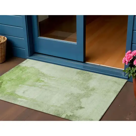 Artichoke Green And Ivory Abstract Washable Indoor Outdoor Area Rug Photo 2