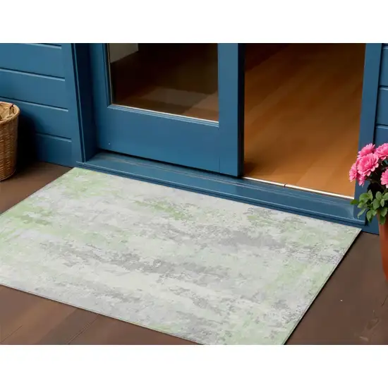 Artichoke Green And Ivory Abstract Washable Indoor Outdoor Area Rug Photo 2