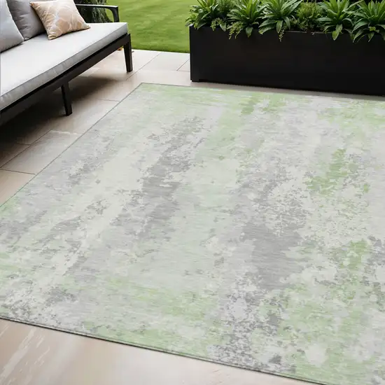 Artichoke Green And Ivory Abstract Washable Indoor Outdoor Area Rug Photo 2