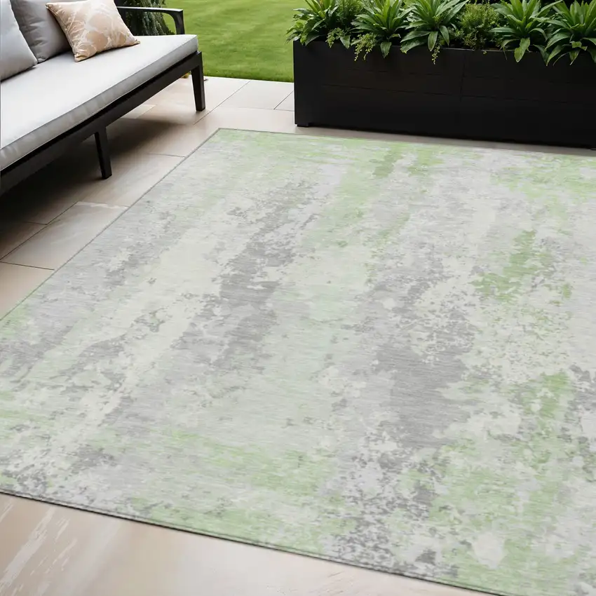 Artichoke Green And Ivory Abstract Washable Indoor Outdoor Area Rug Photo 2