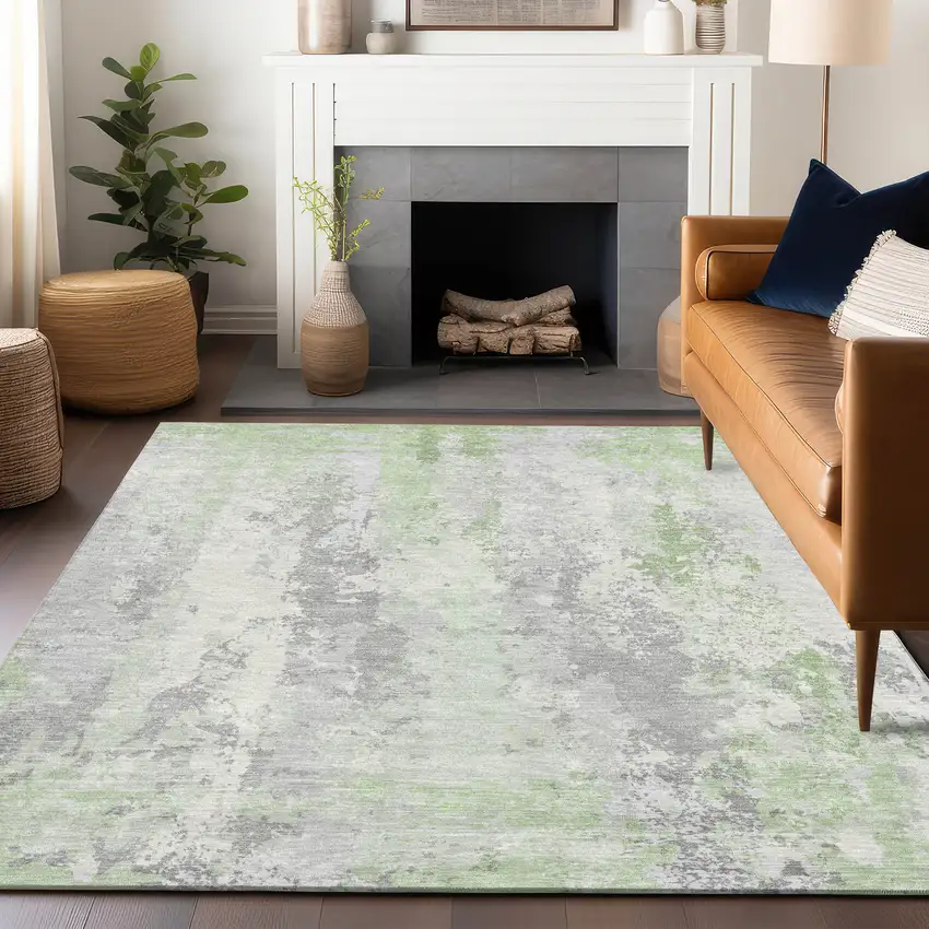 Artichoke Green And Ivory Abstract Washable Indoor Outdoor Area Rug Photo 6