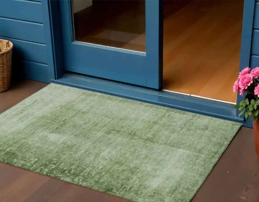 Artichoke Green And Ivory Abstract Washable Indoor Outdoor Area Rug Photo 2