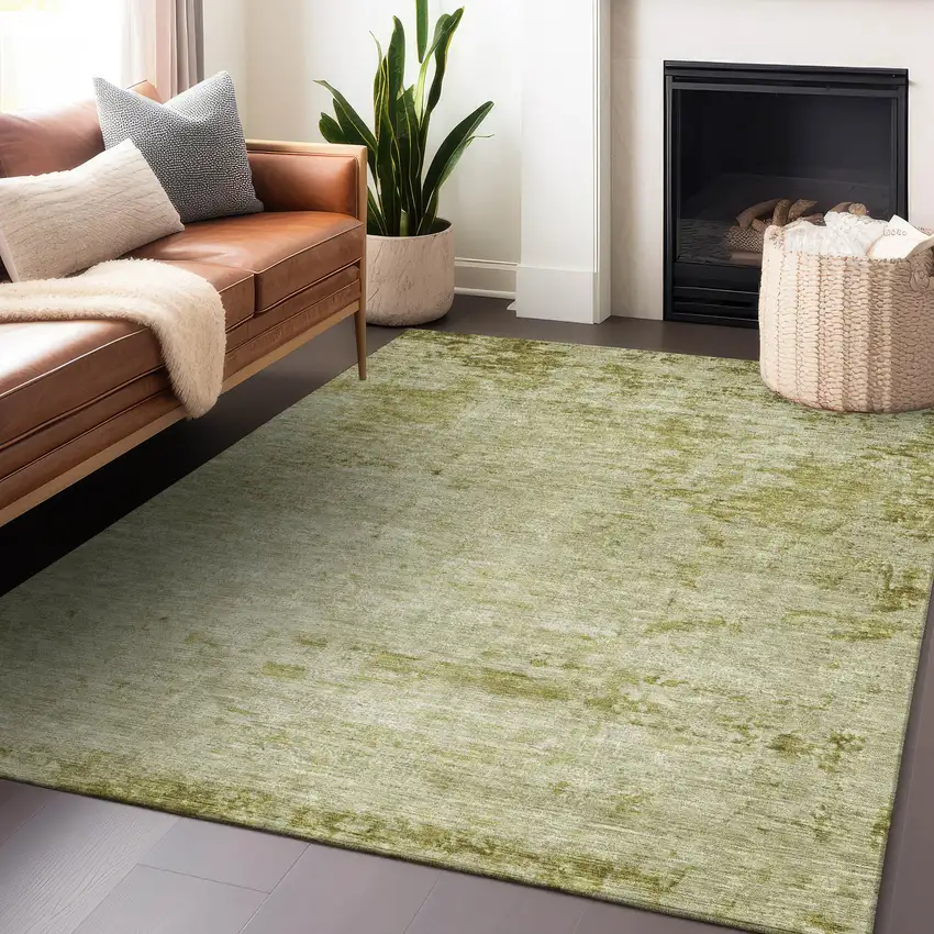 Artichoke Green And Ivory Abstract Washable Indoor Outdoor Area Rug Photo 7