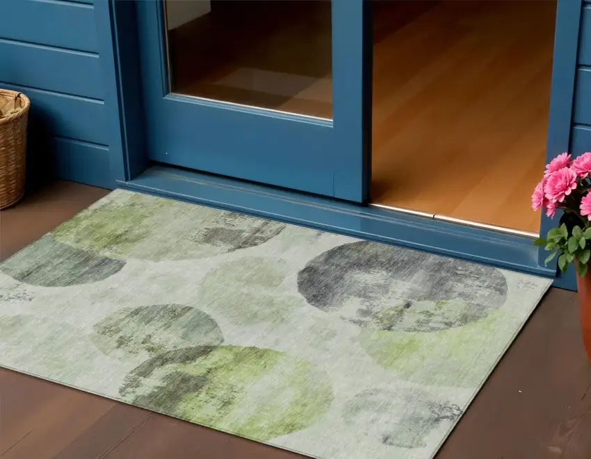 Artichoke Green And Ivory Abstract Washable Indoor Outdoor Area Rug Photo 1