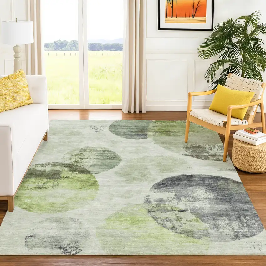 Artichoke Green And Ivory Abstract Washable Indoor Outdoor Area Rug Photo 9