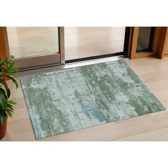 Artichoke Green And Ivory Abstract Washable Indoor Outdoor Area Rug Photo 1