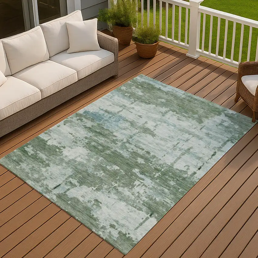 Artichoke Green And Ivory Abstract Washable Indoor Outdoor Area Rug Photo 4