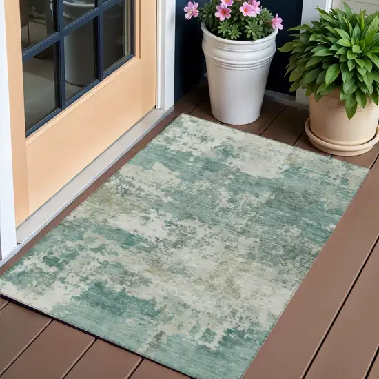 Artichoke Green And Ivory Abstract Washable Indoor Outdoor Area Rug Photo 1
