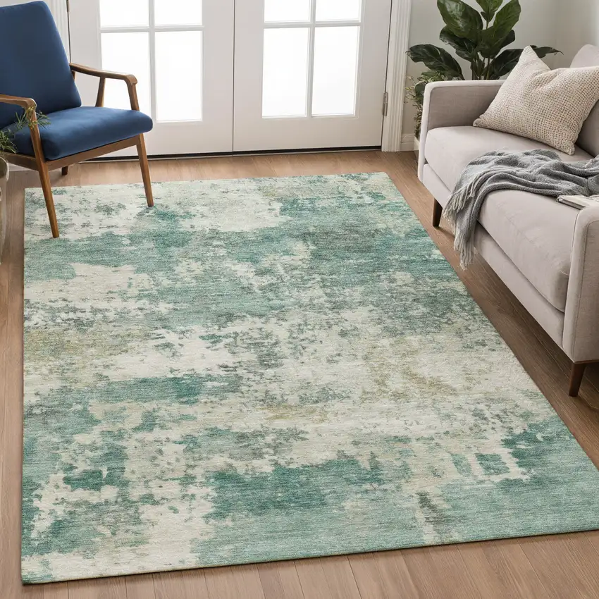 Artichoke Green And Ivory Abstract Washable Indoor Outdoor Area Rug Photo 3