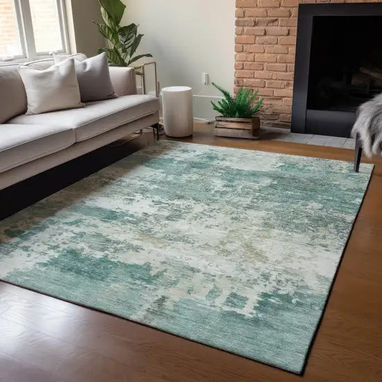 Artichoke Green And Ivory Abstract Washable Indoor Outdoor Area Rug Photo 4