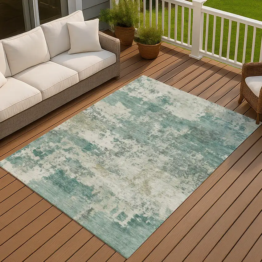 Artichoke Green And Ivory Abstract Washable Indoor Outdoor Area Rug Photo 3