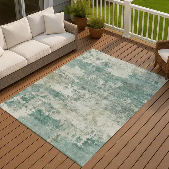 Artichoke Green And Ivory Abstract Washable Indoor Outdoor Area Rug Photo 3
