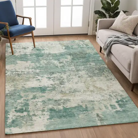 Artichoke Green And Ivory Abstract Washable Indoor Outdoor Area Rug Photo 4