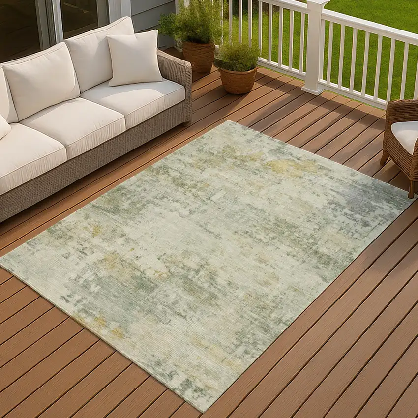 Artichoke Green And Ivory Abstract Washable Indoor Outdoor Area Rug Photo 3