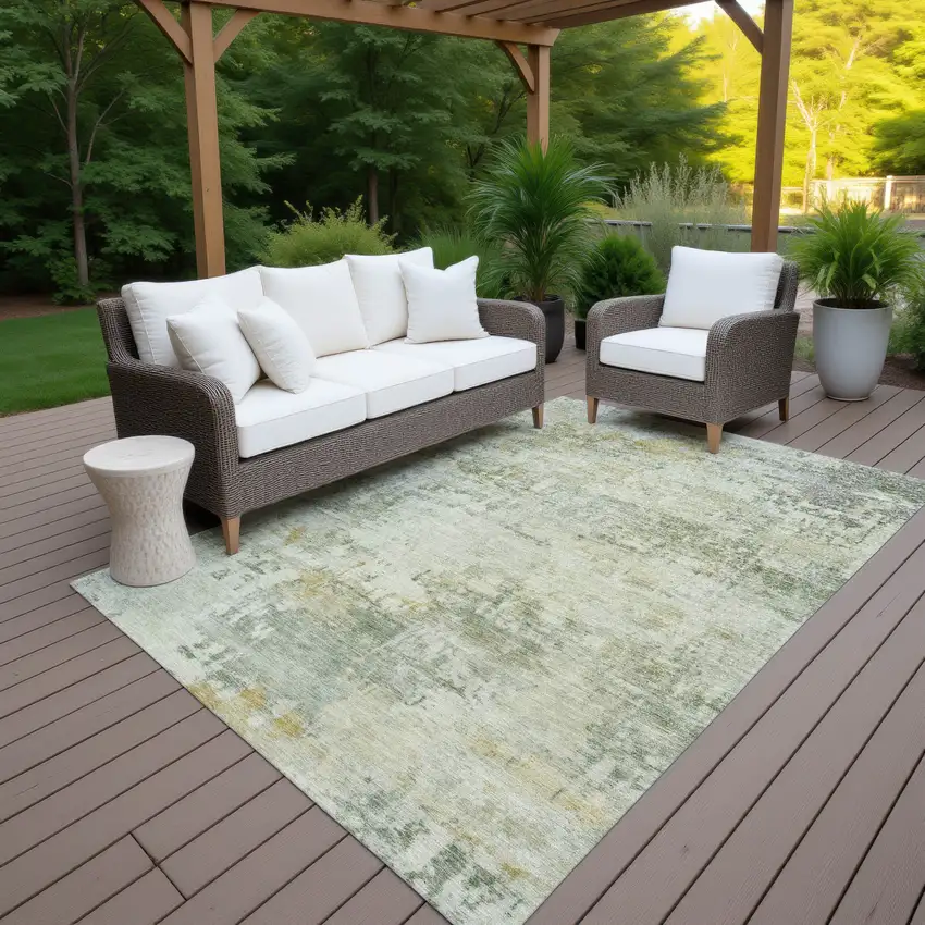 Artichoke Green And Ivory Abstract Washable Indoor Outdoor Area Rug Photo 7