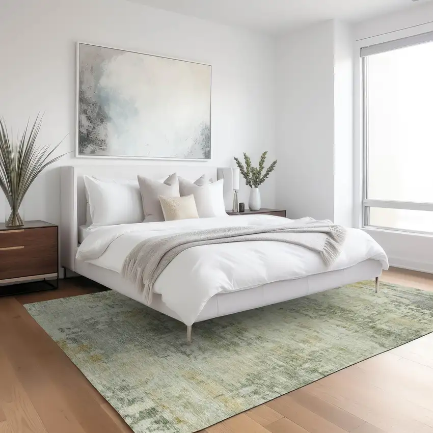 Artichoke Green And Ivory Abstract Washable Indoor Outdoor Area Rug Photo 6