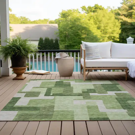 Artichoke Green And Ivory Abstract Washable Indoor Outdoor Area Rug Photo 9