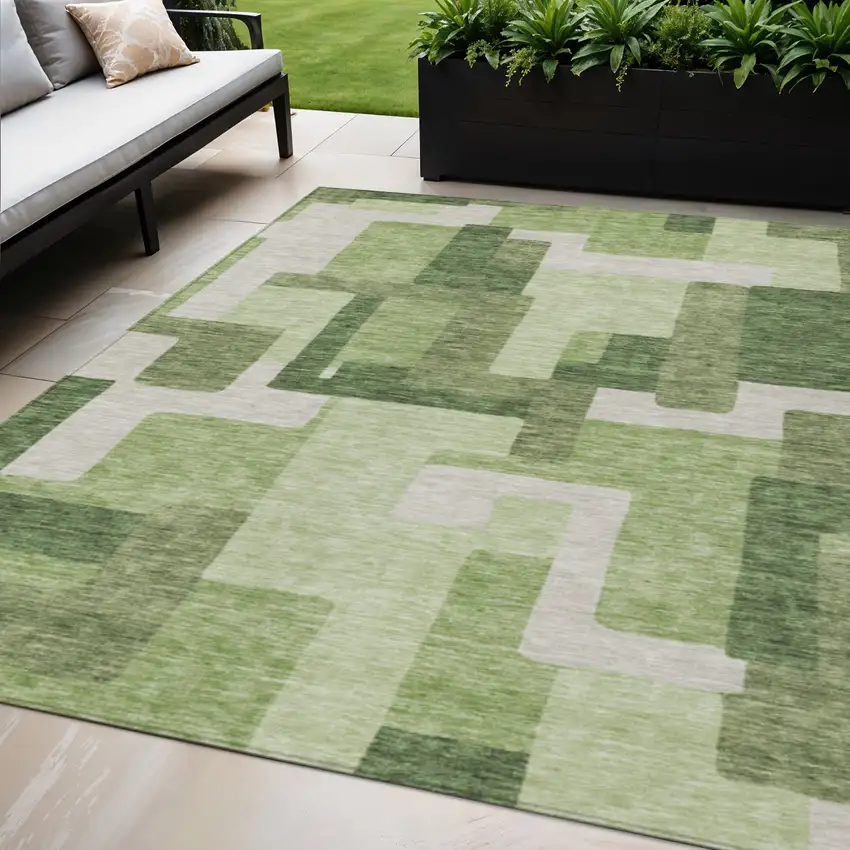 Artichoke Green And Ivory Abstract Washable Indoor Outdoor Area Rug Photo 1
