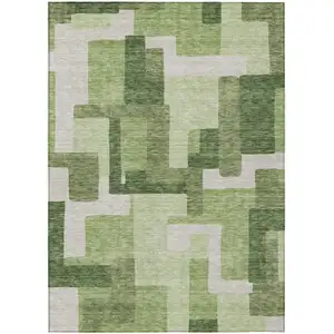 Photo of Artichoke Green And Ivory Abstract Washable Indoor Outdoor Area Rug