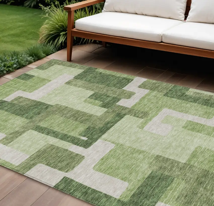 Artichoke Green And Ivory Abstract Washable Indoor Outdoor Area Rug Photo 1