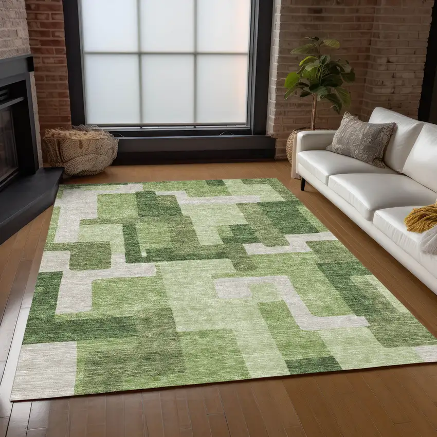 Artichoke Green And Ivory Abstract Washable Indoor Outdoor Area Rug Photo 8